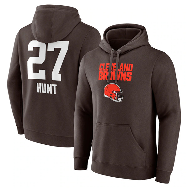 Men's Cleveland Browns #27 Kareem Hunt Brown Team Wordmark Player Name & Number Pullover Hoodie - Click Image to Close